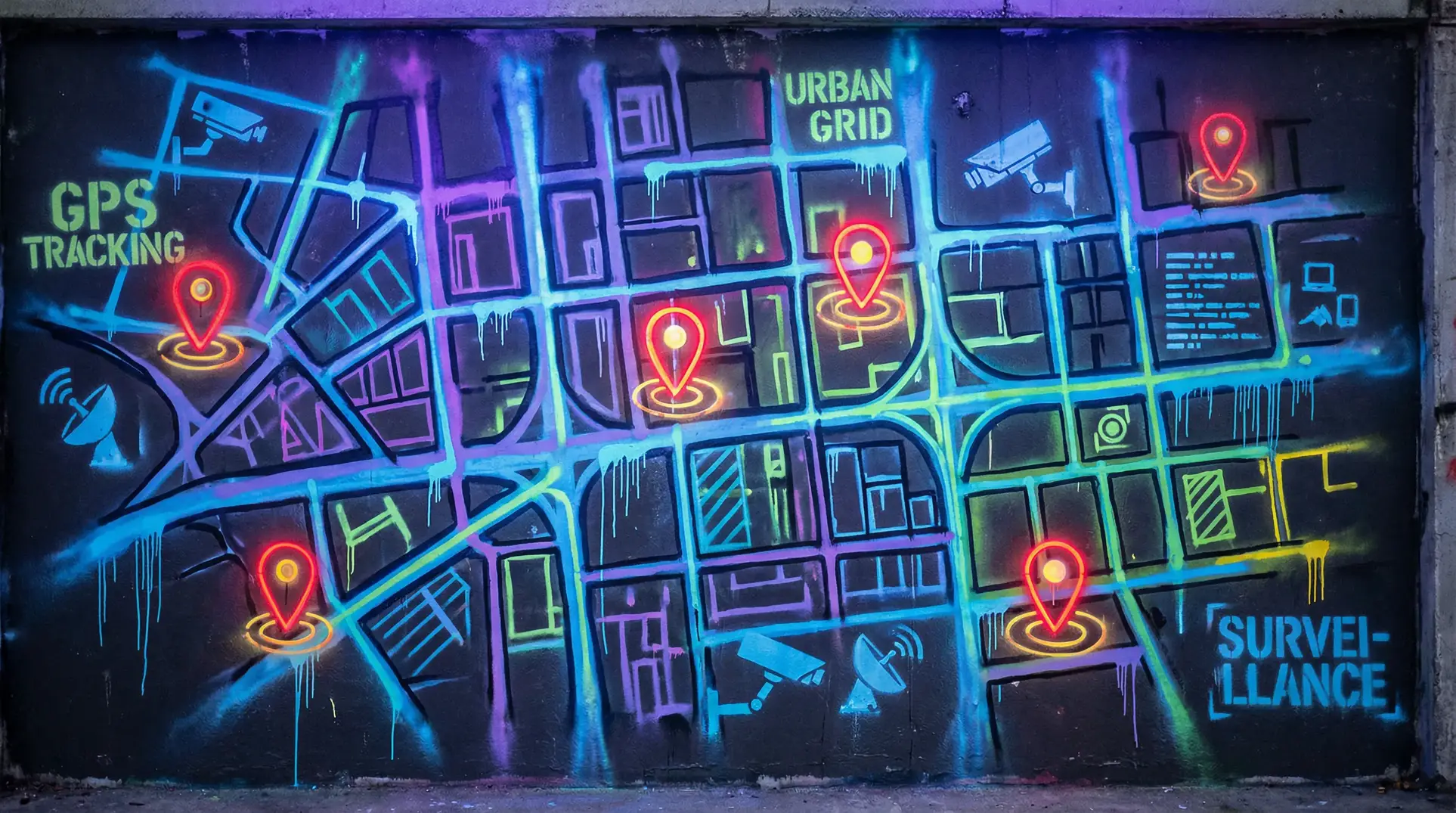 老湿机费x一分钟影院体验区 狗仔追踪地图 - 城市涂鸦风格